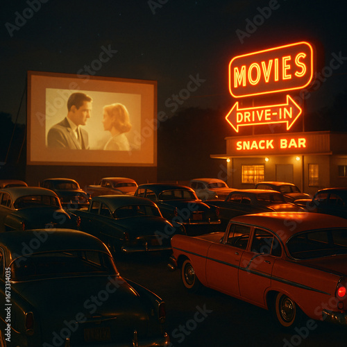 Retro 1960s Drive-In Cinema at Night with Classic Cars and Neon Signs