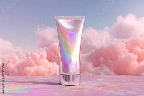 Iridescent tube on shiny surface, pastel clouds background