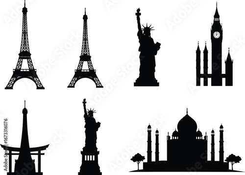 World landmark silhouettes, Eiffel Tower, Statue of Liberty, Big Ben, Tokyo Tower, Torii gate, Taj Mahal, vector art, travel illustration