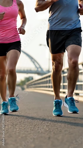 A man and a woman jogging on a bridge, vertical footage