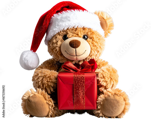 Realistic Teddy Bear Wearing Santa Hat with Christmas Gifts, front view, isolated on transparent background