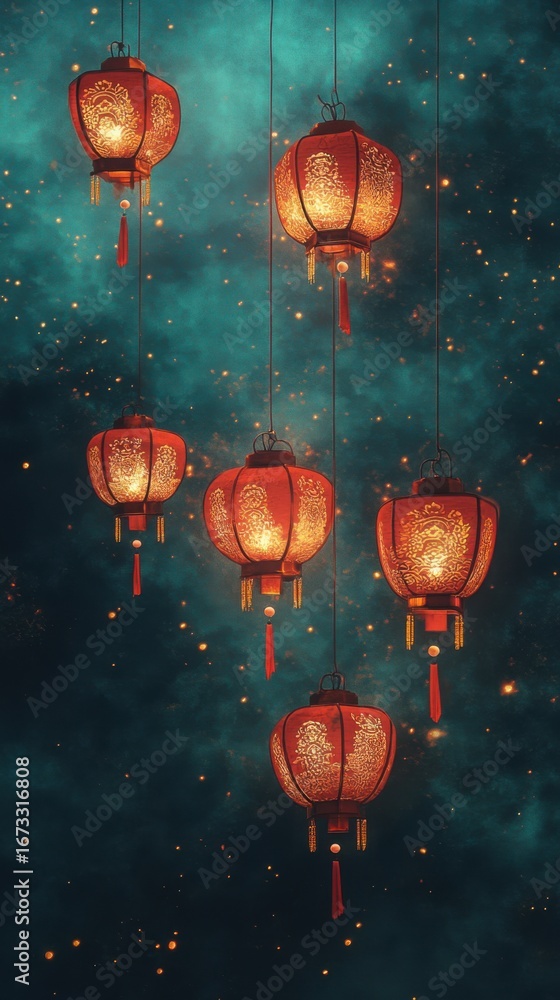 Obraz premium Glowing red lanterns with intricate golden designs in the night sky.