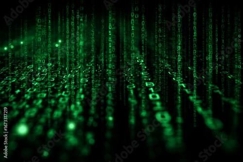 Green digital rain falling on a dark background binary code technology data stream
