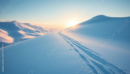 Deep powder ski tracks winding through untouched snow,  cold,  trail