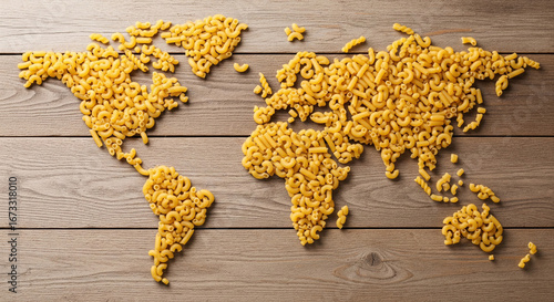 Creative world map design made from macaroni pasta symbolizing international cuisine and global food culture concept