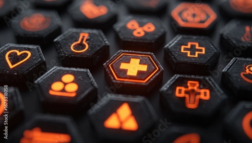 Abstract medical icons in a hexagonal grid