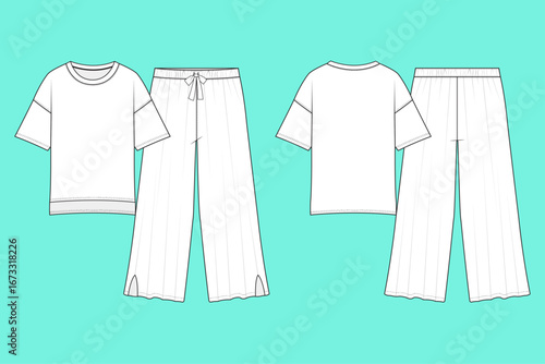 Women's Crew Neck Drop Shoulder T-Shirt With Long Leg Pant Set Dress Fashion Flat Sketch Technical Drawing Outline.