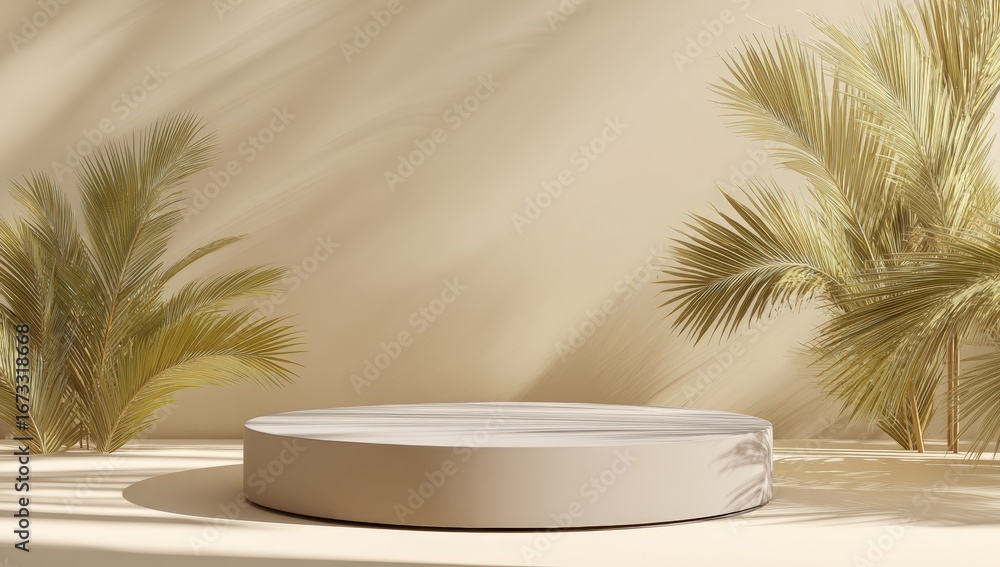 Obraz premium Beige podium with palm leaves in sunlit room