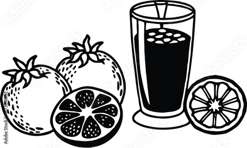 A tall glass of dark juice stands beside a whole pomegranate and a halved fruit showing its seeds, presented in a stylized illustration silhouette