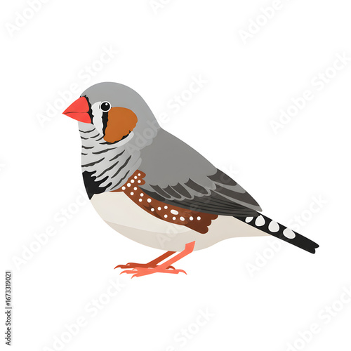 Digital illustration of a zebra finch, a small bird often kept as a pet for its song and colorful plumage, depicted in a vector art style.