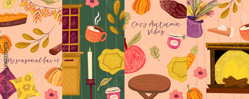 Сottagecore autumn cover set with chalk texture. Cozy autumn design for thanksgiving season with apple, pumpkin and buffet