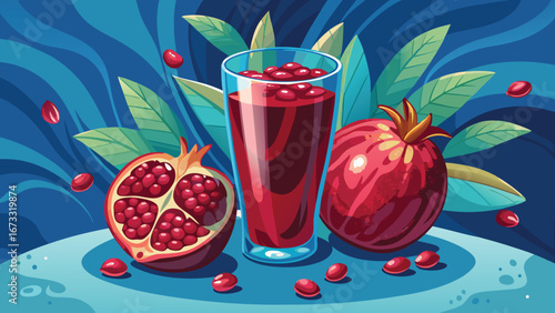 A refreshing glass of red pomegranate juice sits beside whole and halved pomegranates, accented by green leaves and scattered arils.