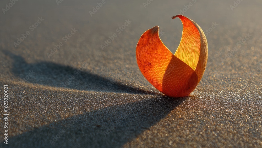 Obraz premium Dried orange seed pod on sand, backlit