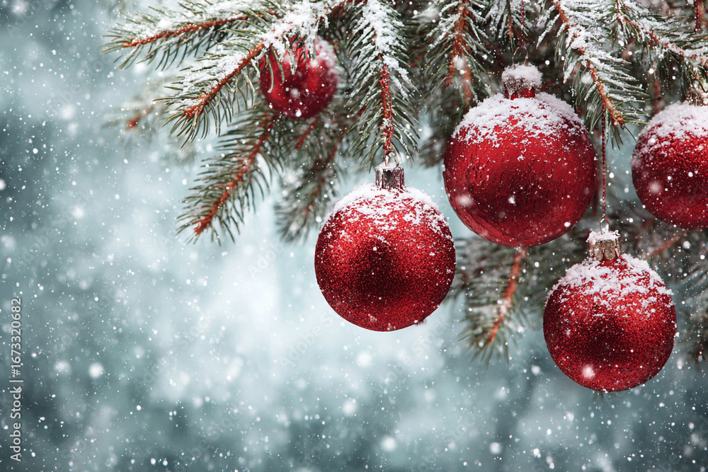 Naklejka premium Red ornaments snow covered pine tree branch winter holiday scene