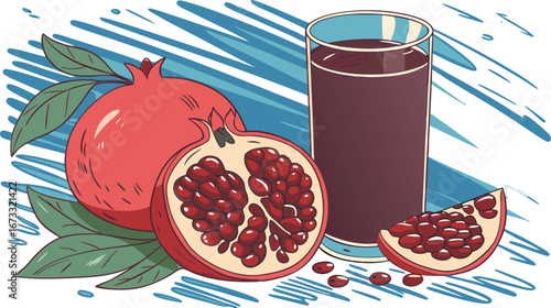Fresh pomegranate juice and whole and halved pomegranates with leaves
