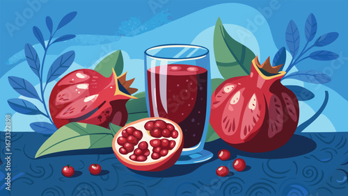 A refreshing glass of deep red pomegranate juice sits beside whole and halved pomegranates, accented by green leaves and scattered arils.