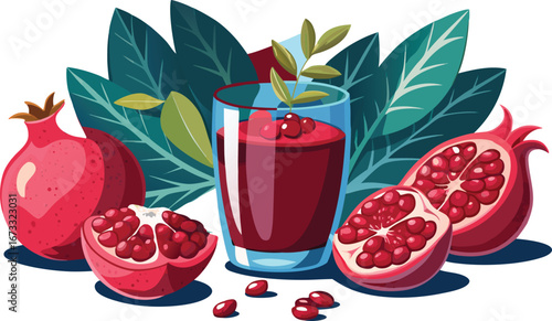 Fresh pomegranate juice and whole and halved pomegranates with leaves