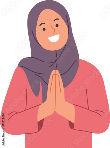 Thank You Smiling Woman Wearing Hijab With Hands On Chest Illustration