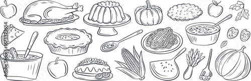 Hand drawn vector illustration of a Thanksgiving feast spread with turkey pie and pumpkin food