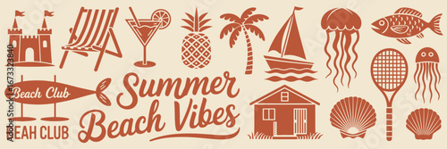 Terracotta Summer Beach Club Icons and Text on Cream Background vacation holiday