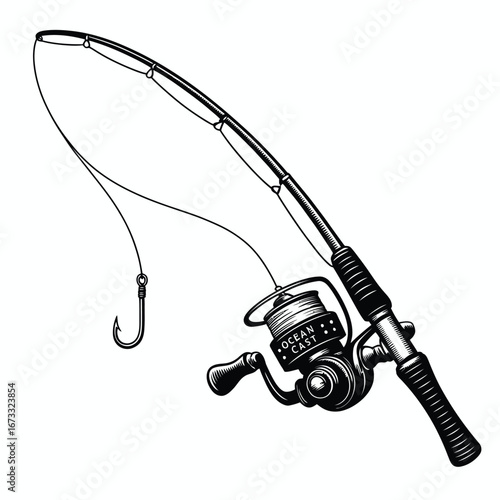 Detailed fishing rod and reel vector illustration in a monochrome style. Sport angling equipment with line and hook, isolated for design