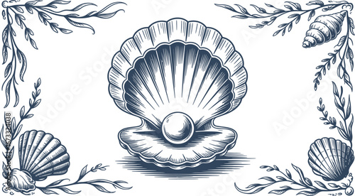 Vintage illustration of an open seashell with a pearl inside surrounded by decorative branches and shells