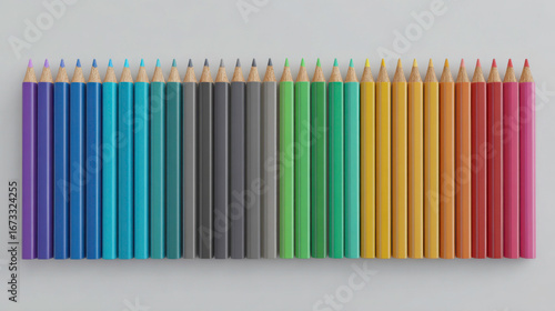 Colorful pencils arranged in a neat row, vibrant spectrum from purple to red, creative school art supply concept, isolated on light gray background