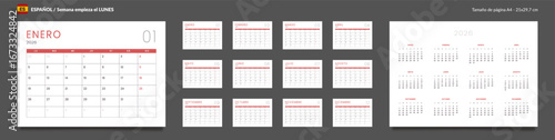 2026 Spanish language Calendar Planner Set of Template Monthly Page, Annual. Vector layout of a wall or desk simple calendar with week start Monday for print. Pages size A4 21x29.7cm