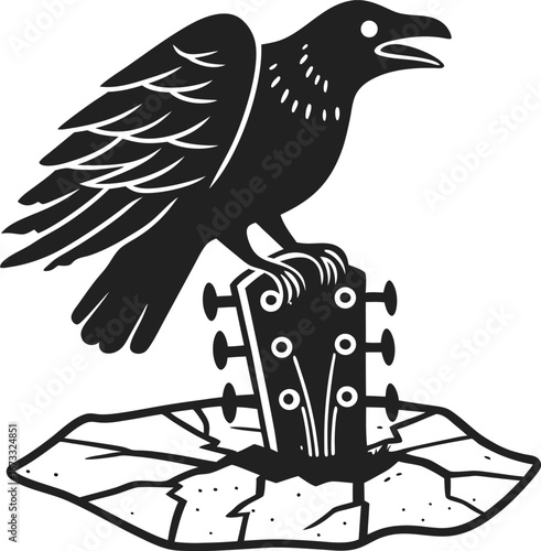 Black raven perched on cracked guitar headstock illustration symbolic bird of mystery, music, creativity, darkness, rock genre