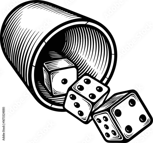 Rolling dice from cup, vintage illustration classic gaming chance, monochrome sketch, luck, risk, probability concept
