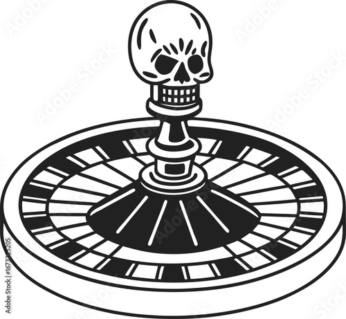 Skull atop roulette wheel, risk and danger concept gambling, fate, chance, life or death metaphor, black and white illustration