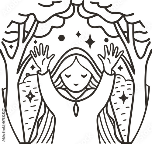 Woman meditating with raised hands among trees, peaceful nature scene, mindfulness, harmony, inner peace, relaxation