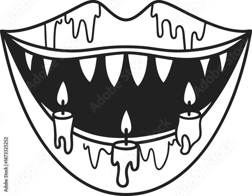 Dripping spooky mouth with sharp teeth and melting candles gothic halloween design, surreal horror fantasy art