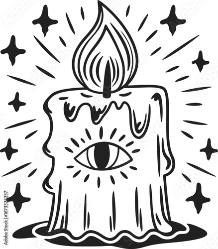 Mystical candle with all seeing eye, flame and stars illustration esoteric magic, occult wax symbol with glowing light energy