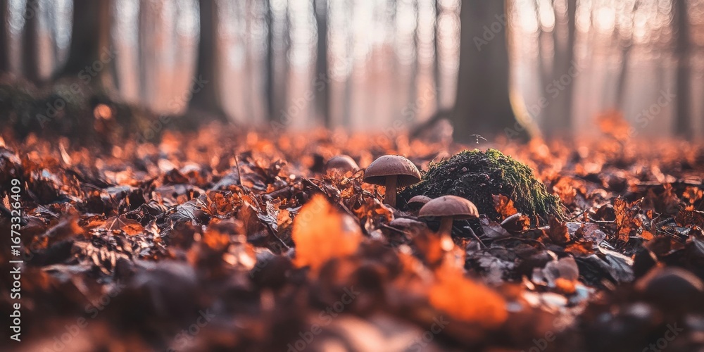 Obraz premium Autumn Forest Mushrooms Brown Leaves Sunlight Nature Scene red cap fall tree soil fall stem trees