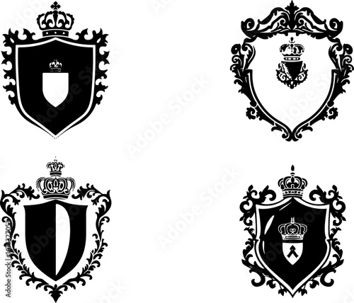 A black and white heraldic shield adorned with a royal crown and laurel wreath