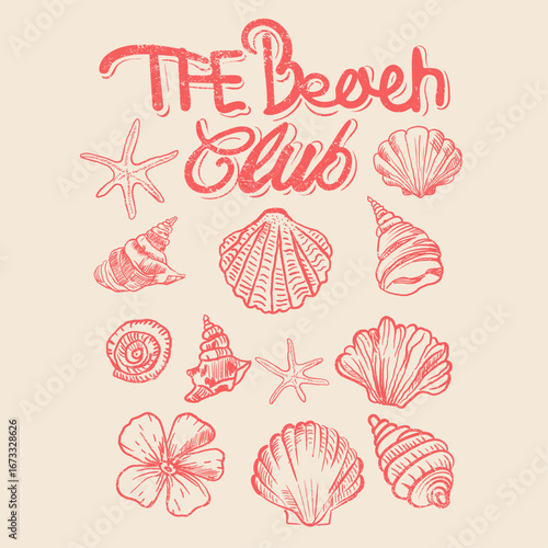 Seashells and Beach Club Emblem: Hand-drawn seashells, sea stars, and floral elements, create a vintage aesthetic for a beach club. perfect for women's graphic tee design. 