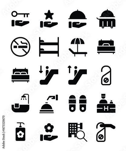 Hotel service glyph icons representing hospitality and accommodation