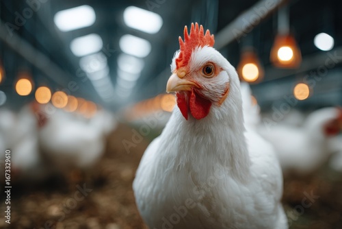 Broiler Chicken in a Shed Under Warm Lights, Poultry Farming