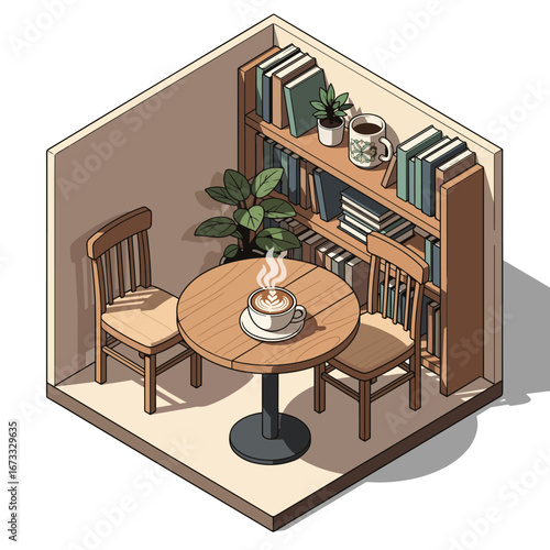Cozy isometric view of a small cafe corner with a round wooden table, two chairs, and a bookshelf filled with books and plants.
