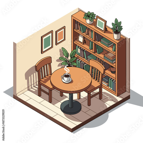 Isometric view of a cozy room with a table, chairs, and a bookshelf.