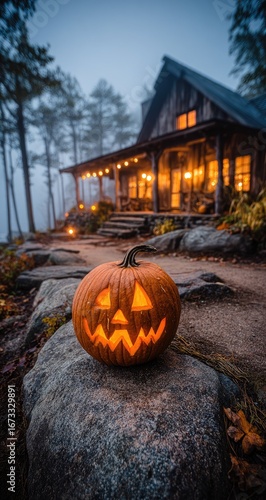 Wallpaper Mural Lit jack-o'-lantern rests on rocks before a foggy cabin Torontodigital.ca
