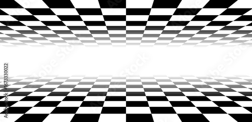 Perspective black and white checkered room that fades into white background. Surface with checkerboard pattern. Ideal for retro, racing or digital themes. Vector illustration
