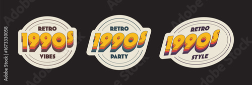 Collection of vintage retro label inspired by 90s aesthetics. Inscription 1990s with bold colourful typography. Can be use for posters, branding, printing and logo
