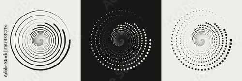 Set of different twisted speed lines in circle form. Abstract geometric circles with rotating linear, dotted and dashed lines who consisting of one sections. Design element for logo, prints, template