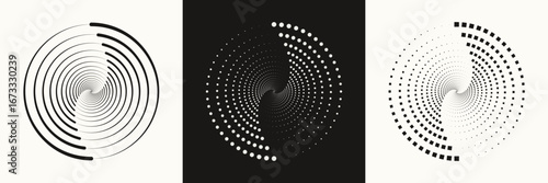 Set of different twisted speed lines in circle form. Abstract geometric circles with rotating linear, dotted and dashed lines two consisting of one sections. Design element for logo, prints, template
