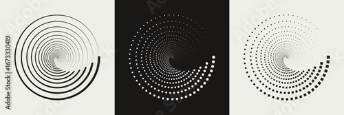 Set of different twisted speed lines in circle form. Abstract geometric circles with rotating linear, dotted and dashed lines who consisting of one sections. Design element for logo, prints, template
