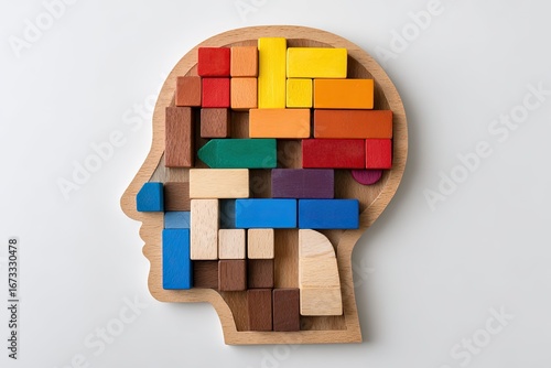Colorful wooden blocks arranged in a human head silhouette