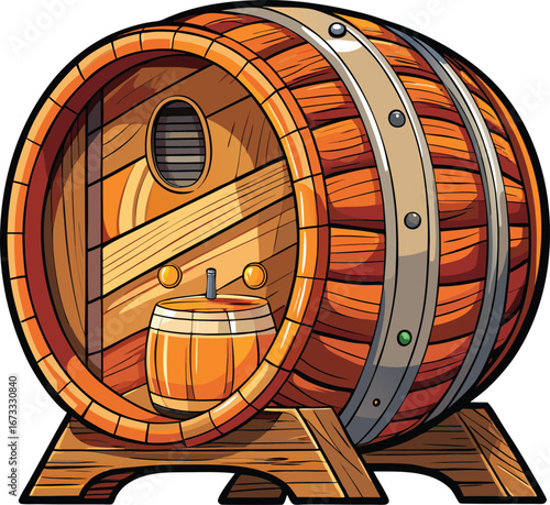 Cartoon Illustration of a Wooden Barrel with a Small Barrel Inside and a Tap