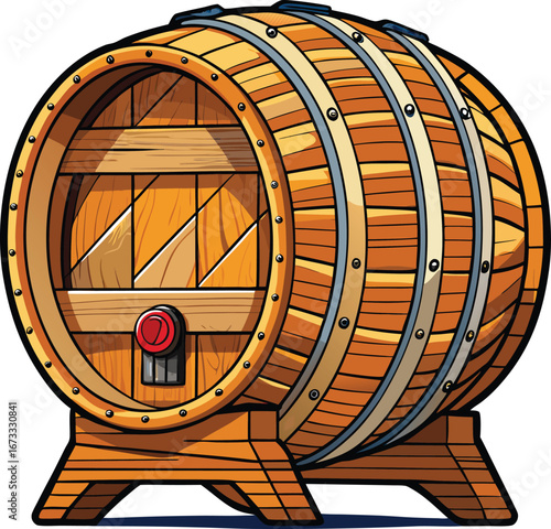 Cartoon Illustration of a Wooden Wine Barrel with Metal Bands and a Tap on a